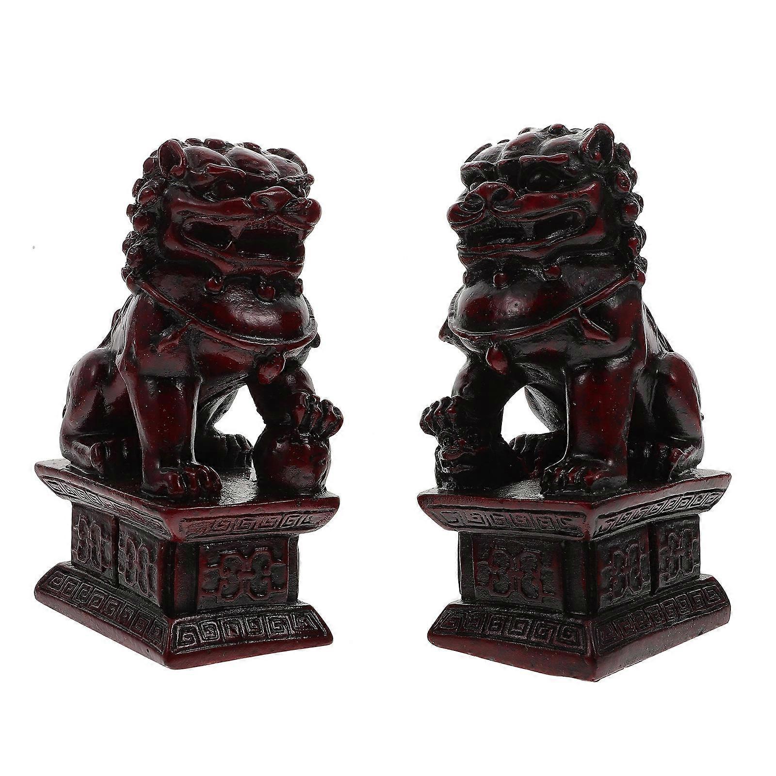 Resin Lion Ornaments Mini Lion Shape Fengshui Decor for Home 2Pairs