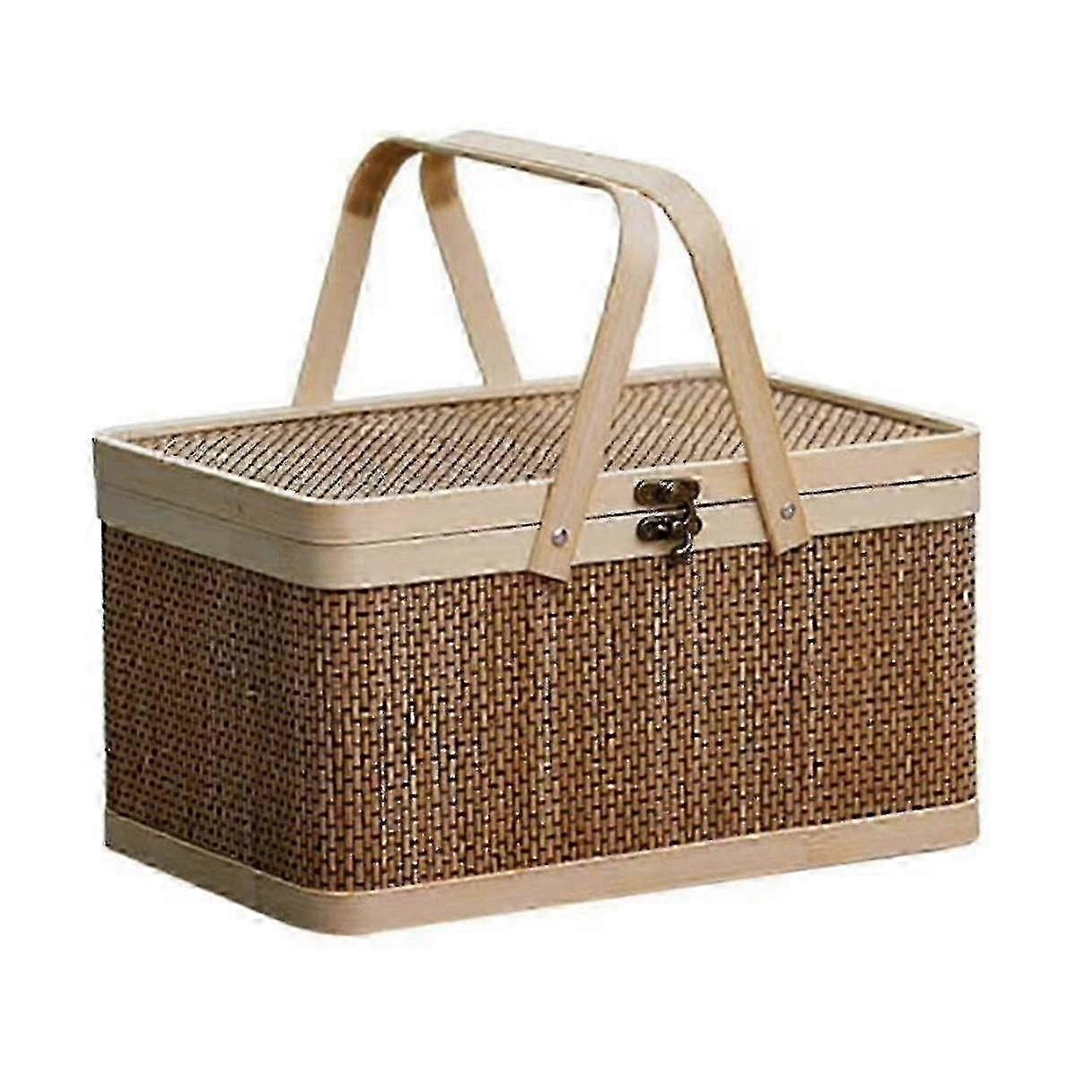 Natural friendly Bamboo Picnic Basket with Lid for Snacks and Bread Handheld