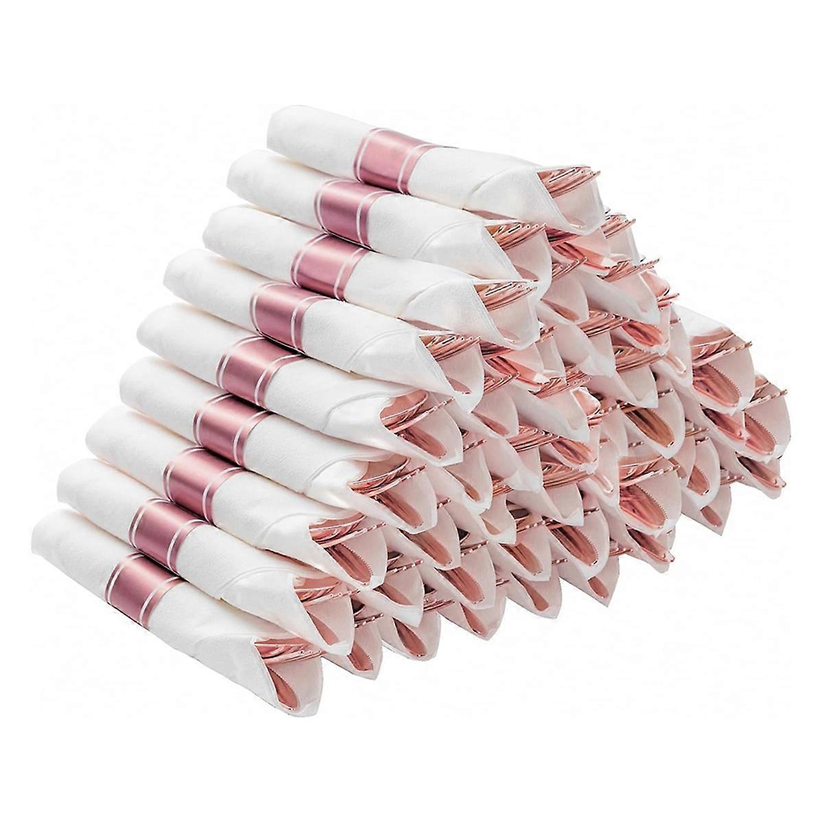 Pre Rolled Napkins with Silver Cutlery Set for Party,Rose Gold