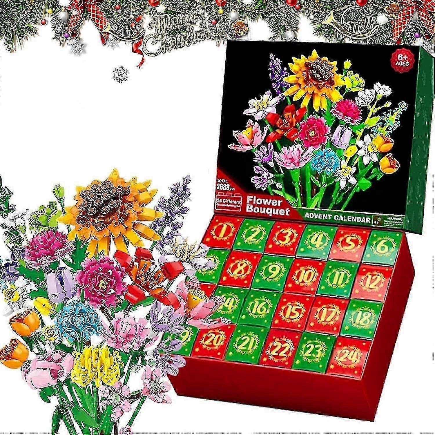 Flower Bouquet Blocks Christmas Advent Calendar 2024, Xmas 24 Days Sunflower Bouquet Blind Box.z