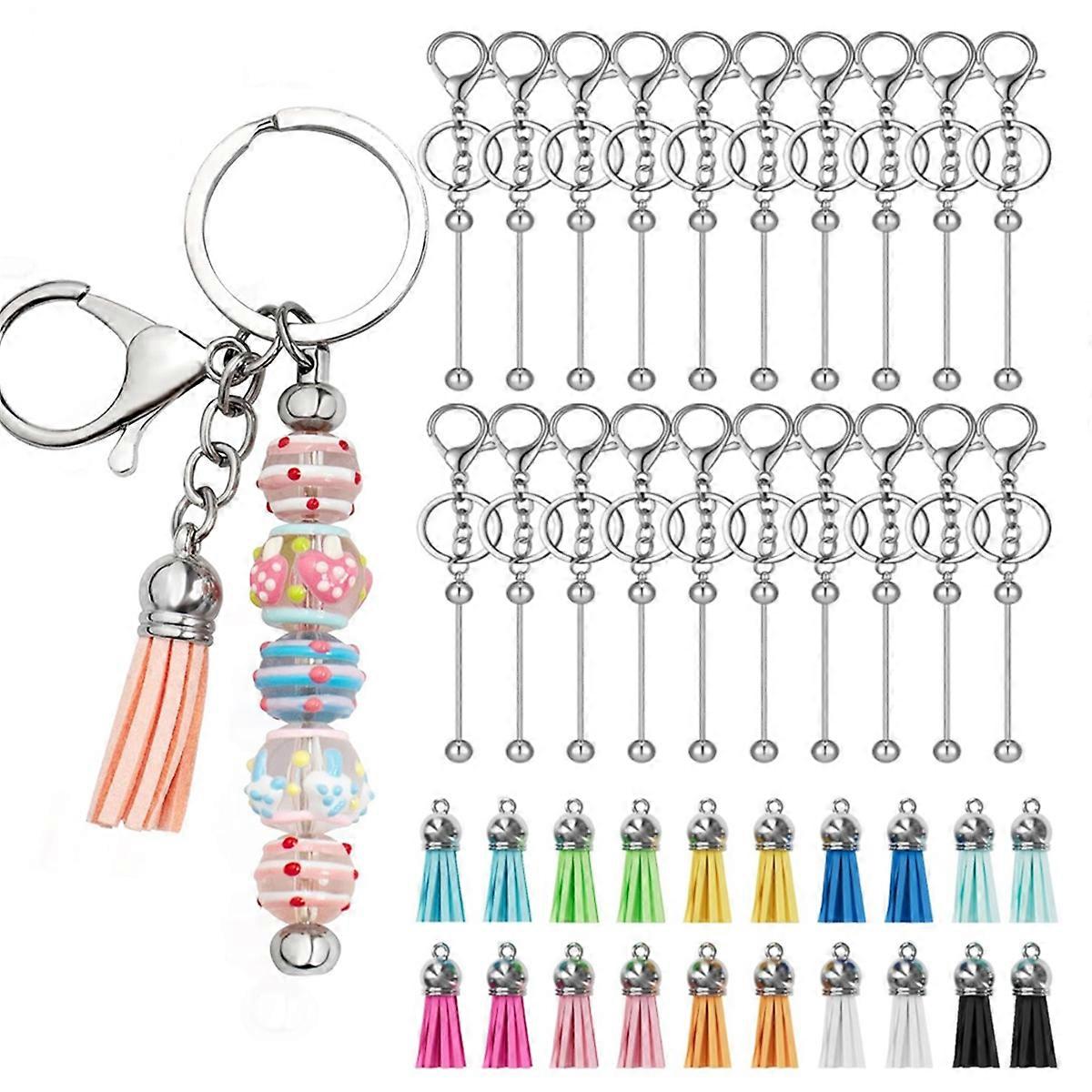40Pcs Beadable Keychains Bars - DIY Blank Beaded Keychain with Strips and Colorful Leather Tassel Loose for DIY Keychain