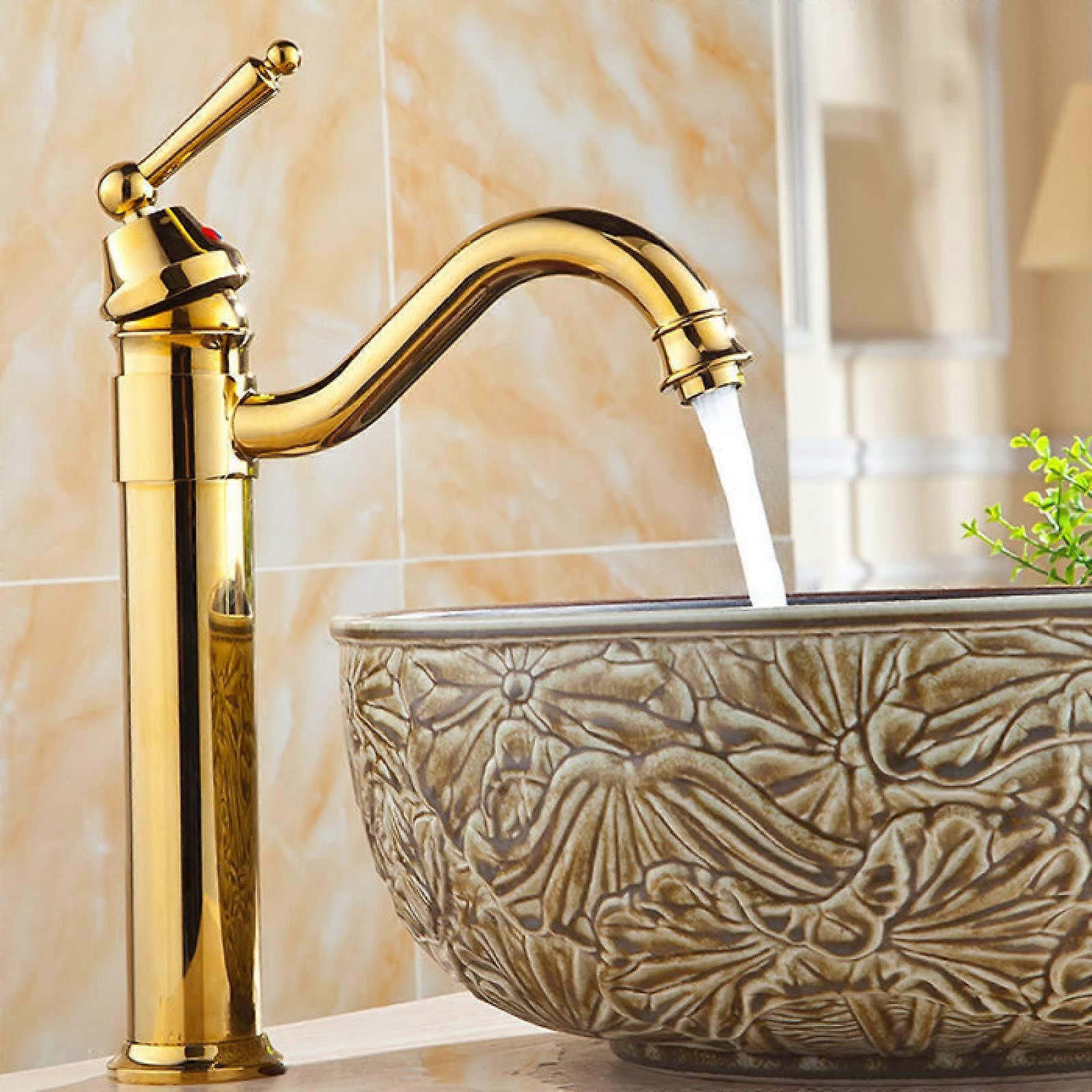 Retro Bathroom Sink Faucet Antique Brass Finish Gold Hot And Cold Water 360 Swivel Spout Single Lever Mixer Arc