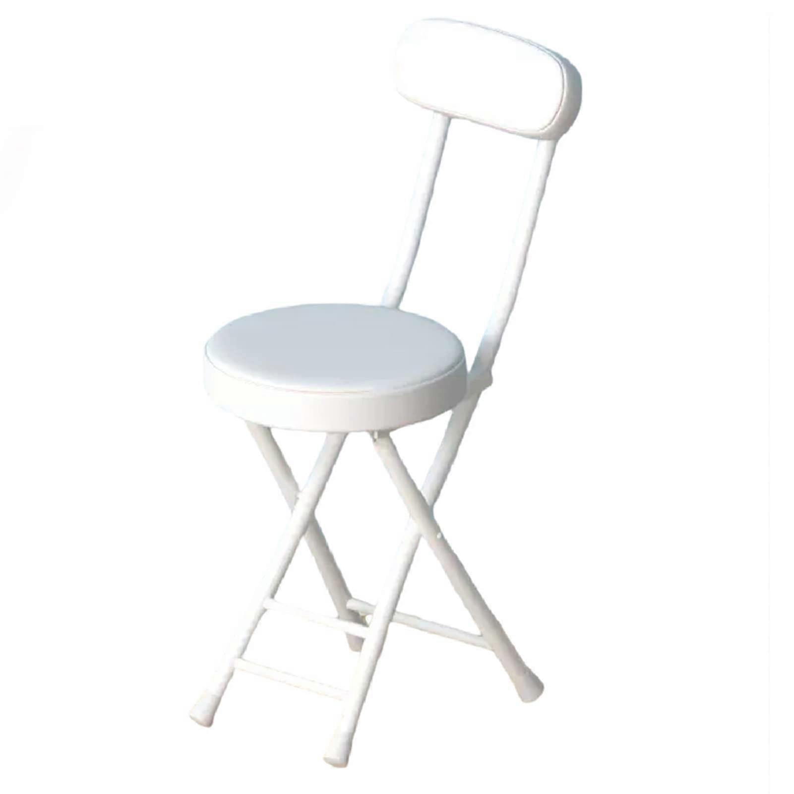 Upholstered Folding Stool White With Backrest, Collapsible Padded Round Seat For Kitchen Dressing Table SpaceSaving