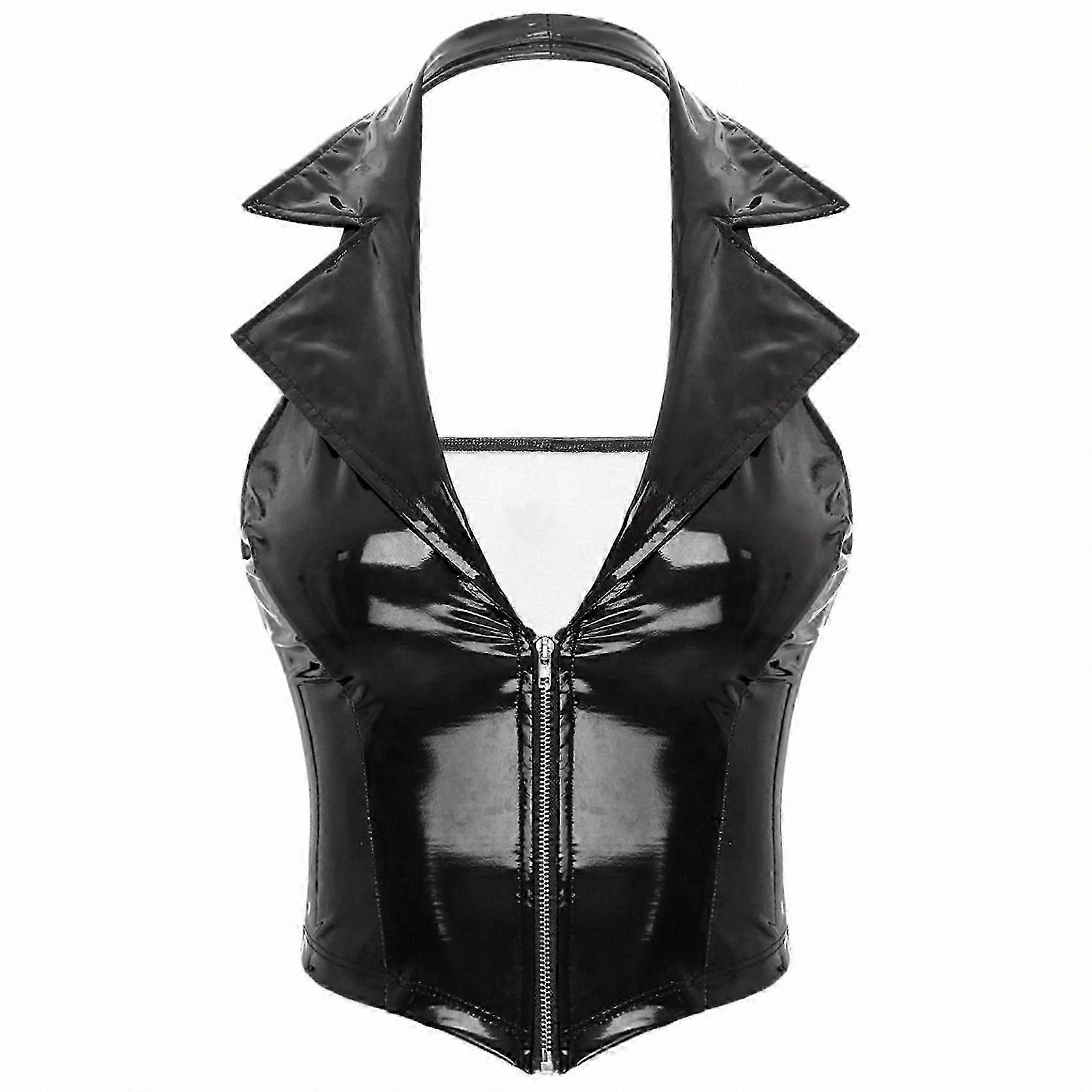 Slim Fit Backless Tank Top for Women PU Leather Camisole Crop Top Sleeveless Vest Shirts