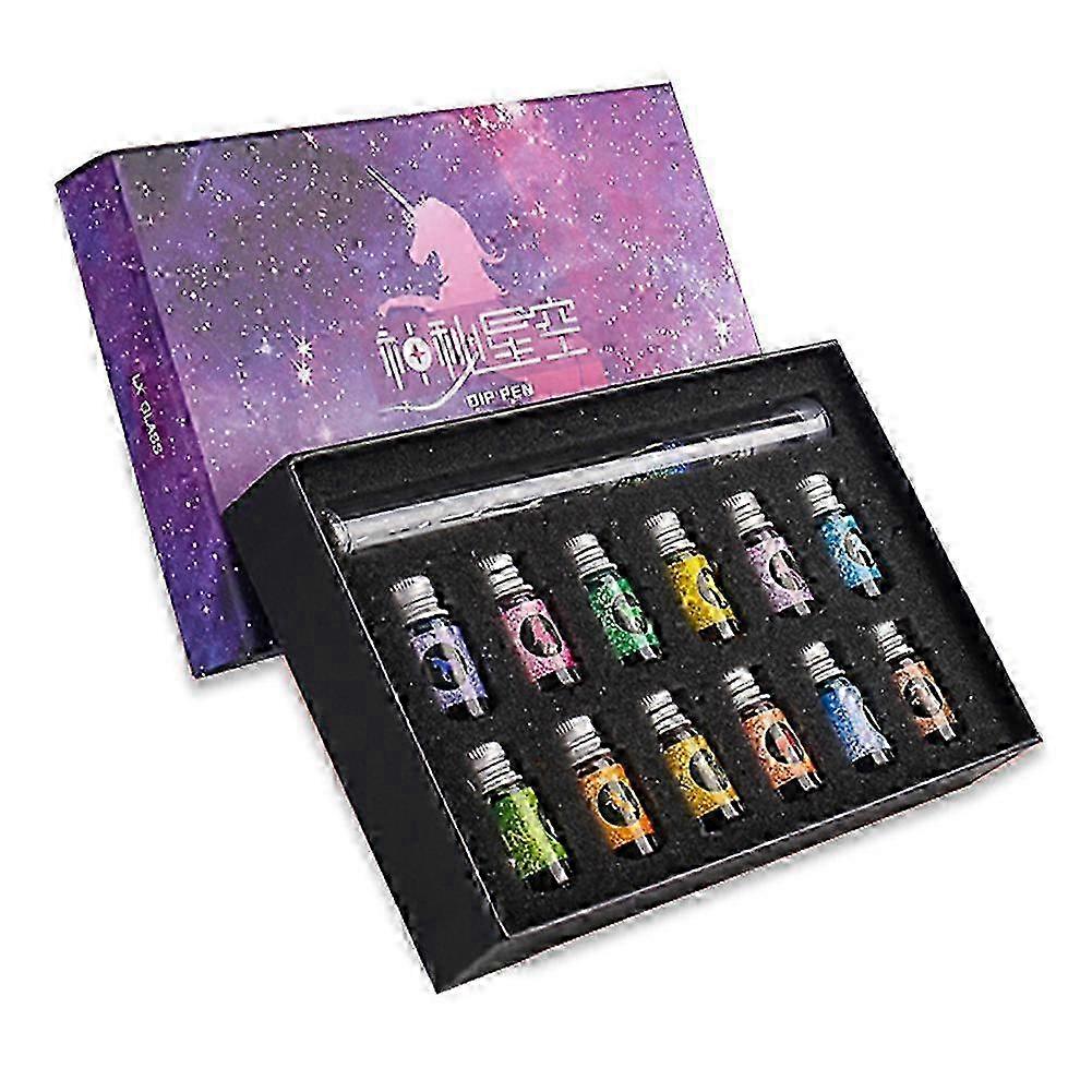 Glass Dip Pen Ink Set Calligraphy Dip Pens Crystal Calligraphy Pen and Ink Set with 12 Colorful Inks for Art Writing Signatures miao7