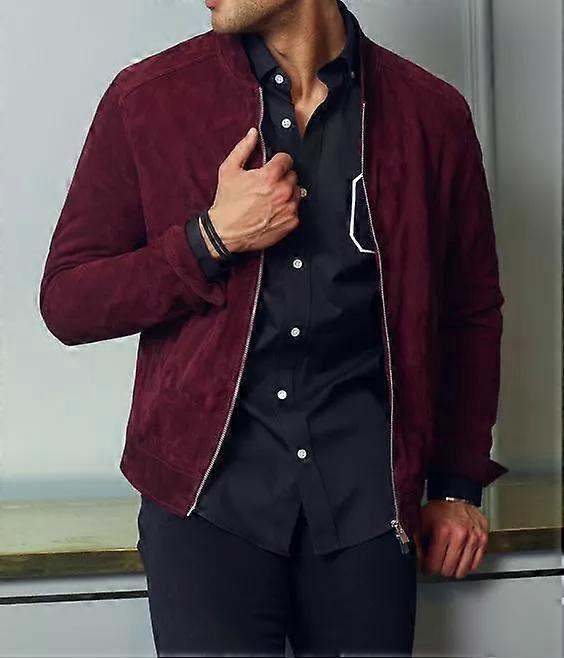 AL KHALID CLASSIC Uusi miesten viininpunainen mokkanahkainen takki, 100 % puhdasta lampaannahkaa, kapea istuvuus