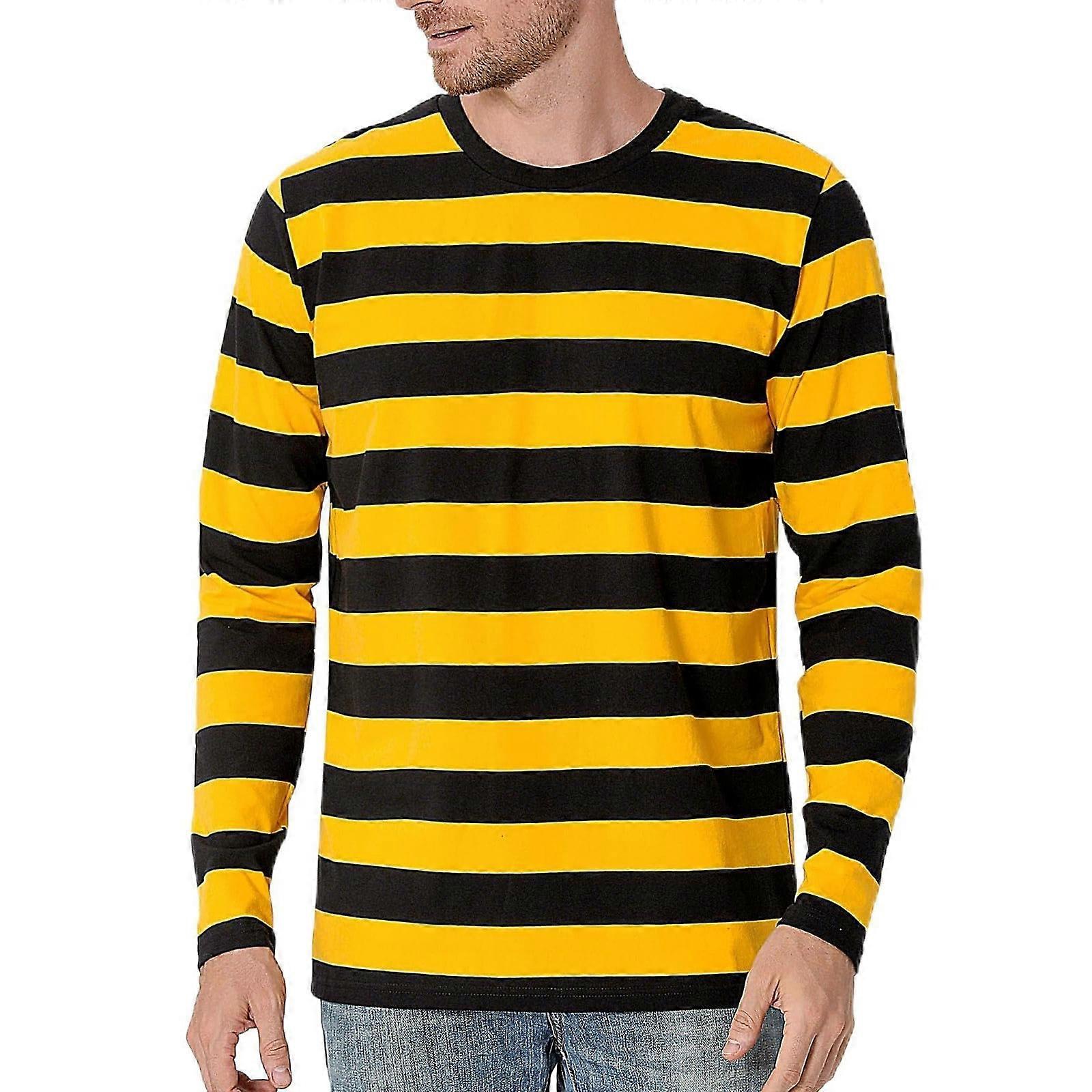 Gestreiftes Herren-Langarmshirt mit Rundhalsausschnitt, lässiges Basic-Top, Gelb, Größe XL