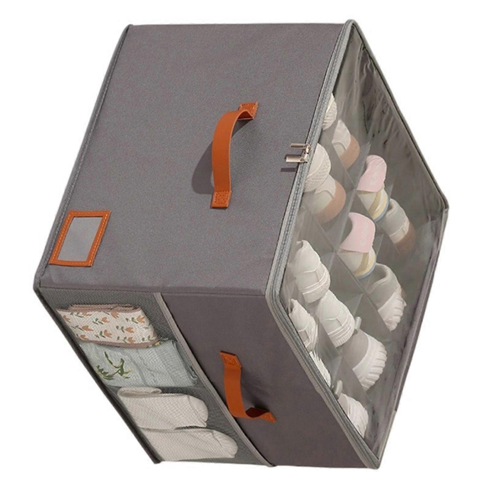 Foldable Fabric Shoe Organizers With Clear PVC Window Compartment Storage Container for Clutters Control  grey