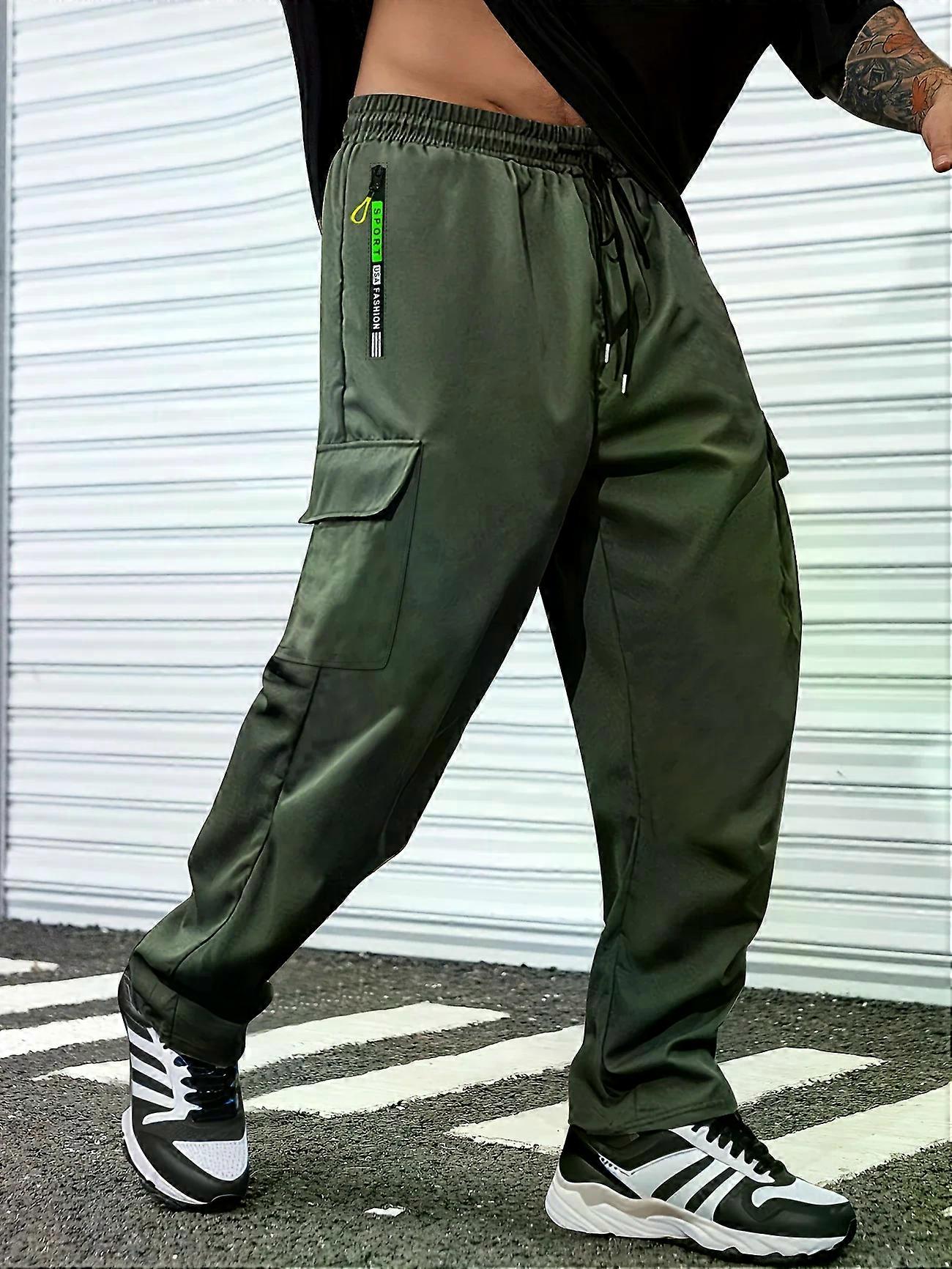 1pc Men Lightweight Cargo Pants with Drawstring Elastic Waist Multiple Zipper Pockets Large Side Pockets Breathable Regular Fit