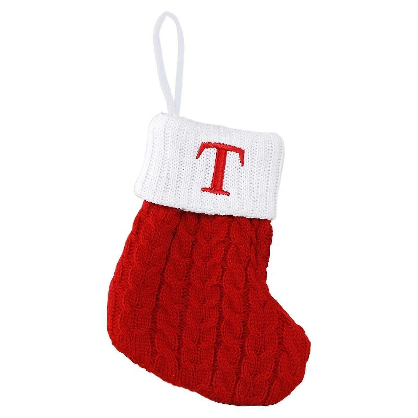 Red Knit Christmas Stocking with Letter T, Mini Monogram Fireplace Holiday Decor