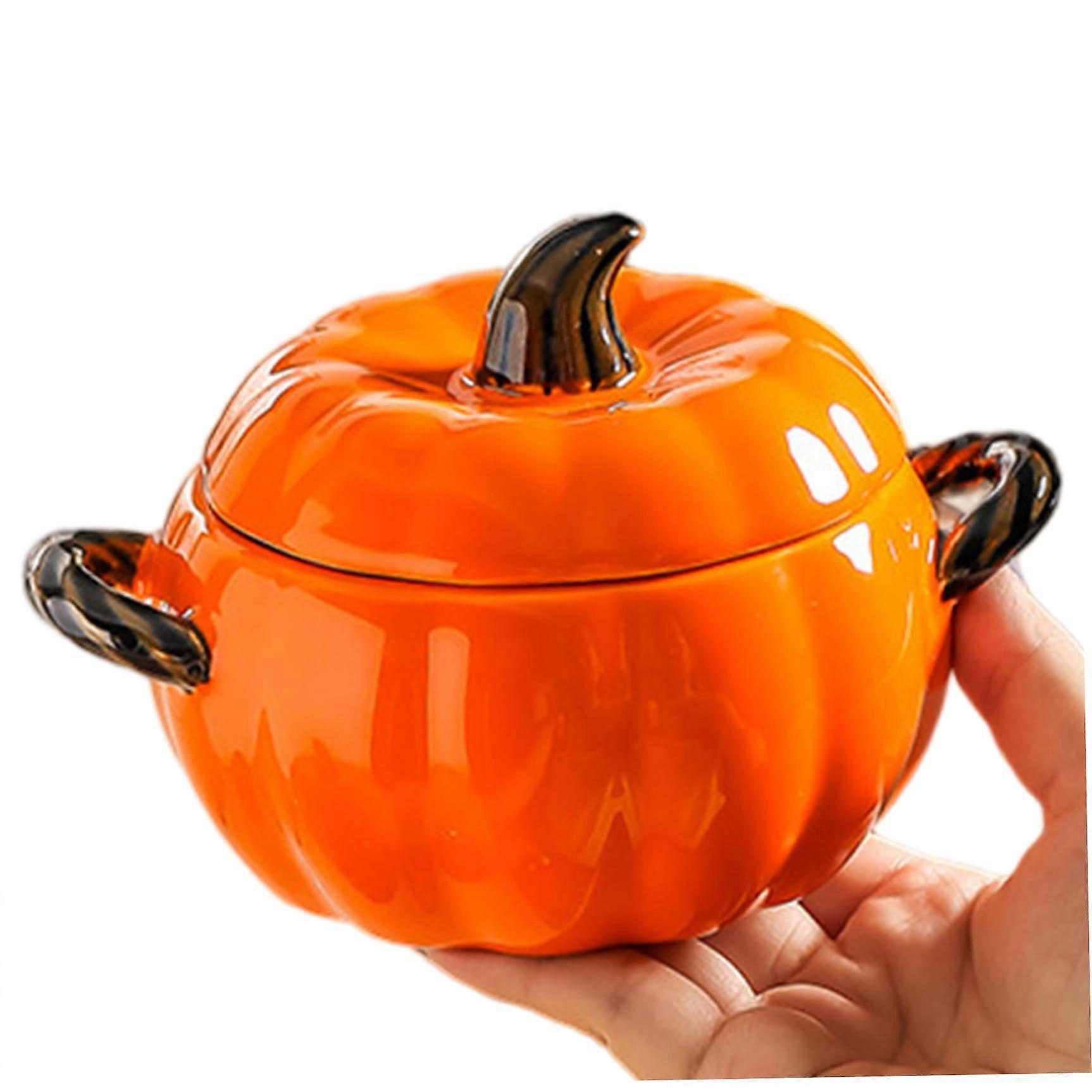 Ceramic Pumpkin Bowl with Lid 400ml Oven Safe Dual Handles Easy Clean for Soup and Serving