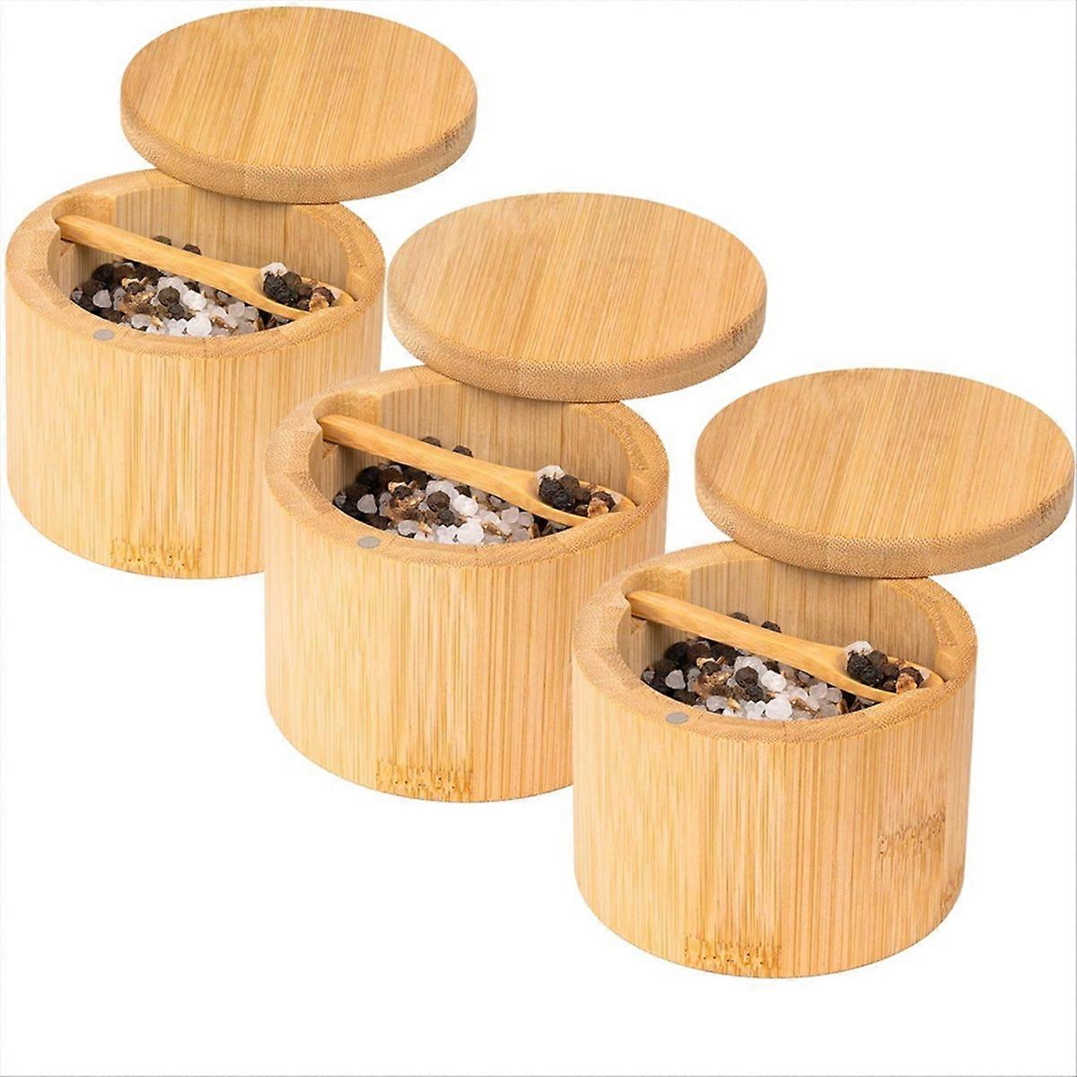 Bamboo Salt Cellar (3 Pack),Salt Box with Built-in Spoon,Spice Container Holder with Swivel Magnetic Lid
