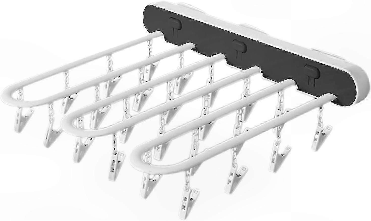 Wall-Mounted Clothes Dryer Rack with Clips, Foldable Design for Space Saving (Black)