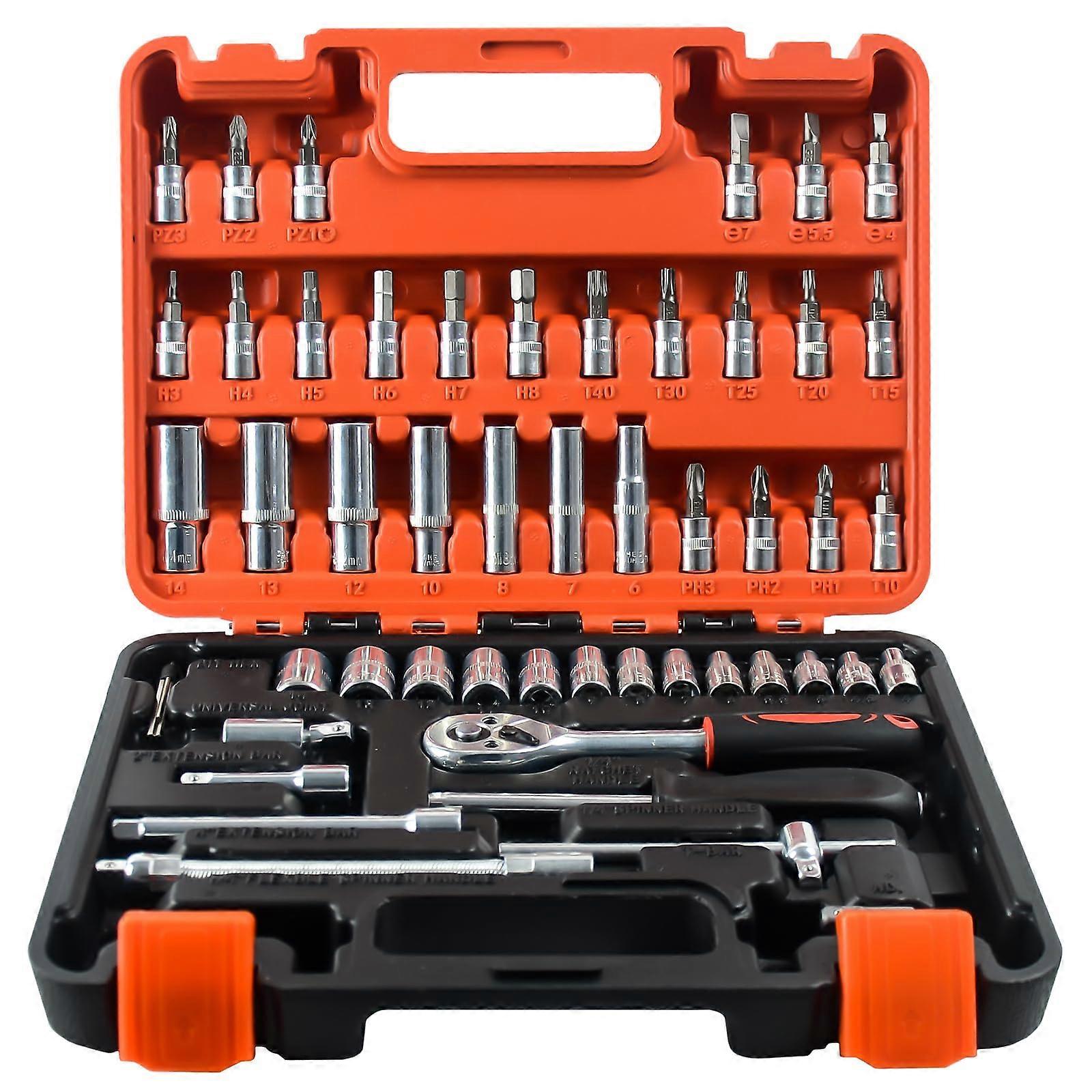 53 Piece Socket Wrench Set with 1/4 Inch Drive Ratchet for Automotive and Home  Tool Kit