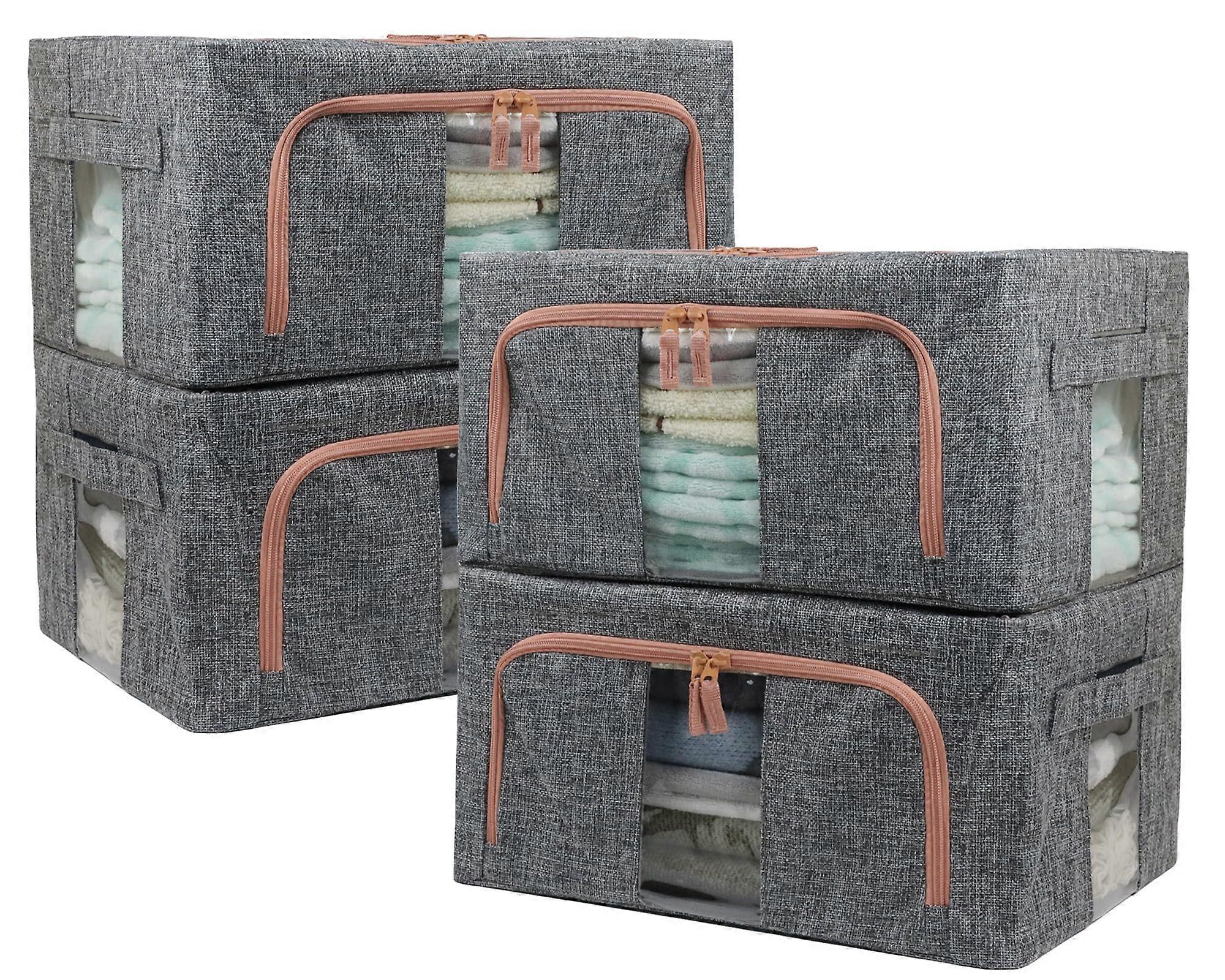 Closet Storage Bins 4PC Gray with Sturdy Metal Frame, Foldable Fabric Boxes for Clothes 22L