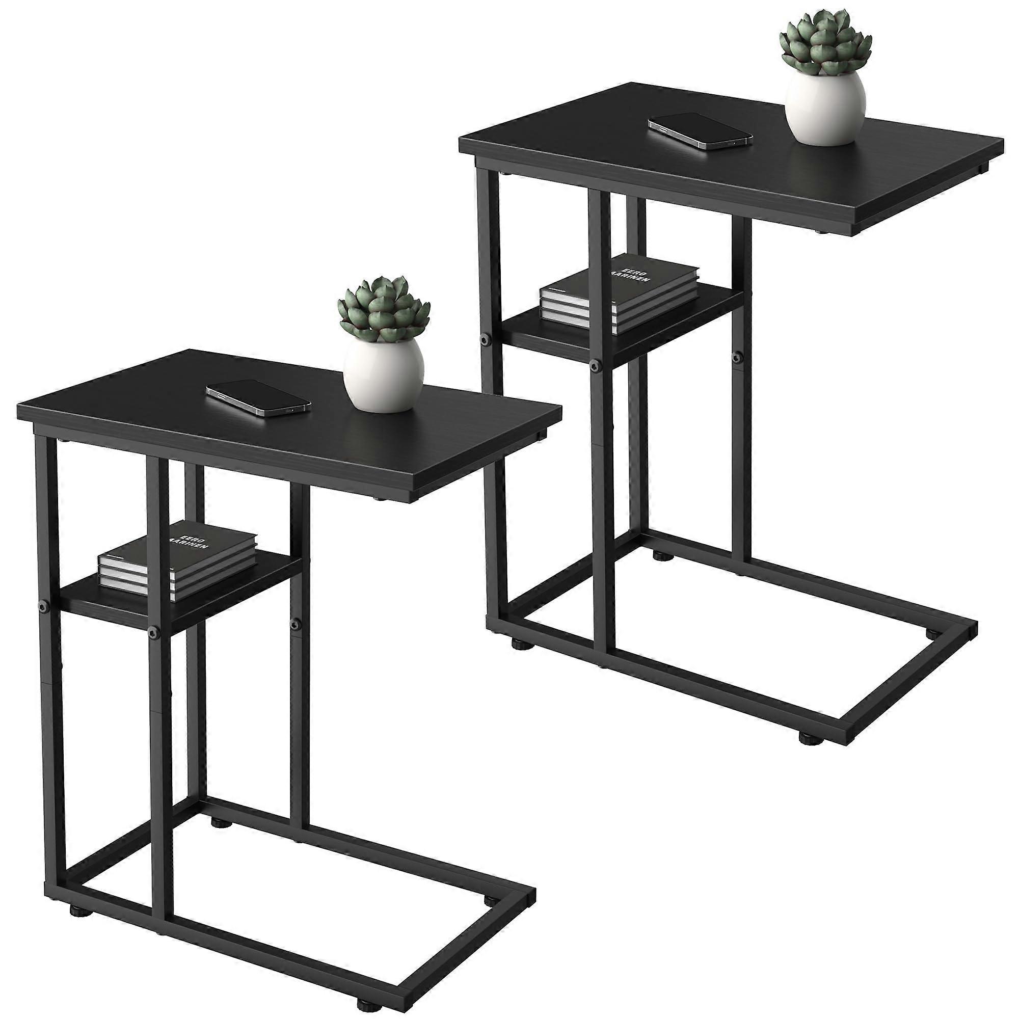 C Shaped End Table Set of 2 with TwoTier Storage Shelves for Small Spaces, Sturdy Steel Frame, Black