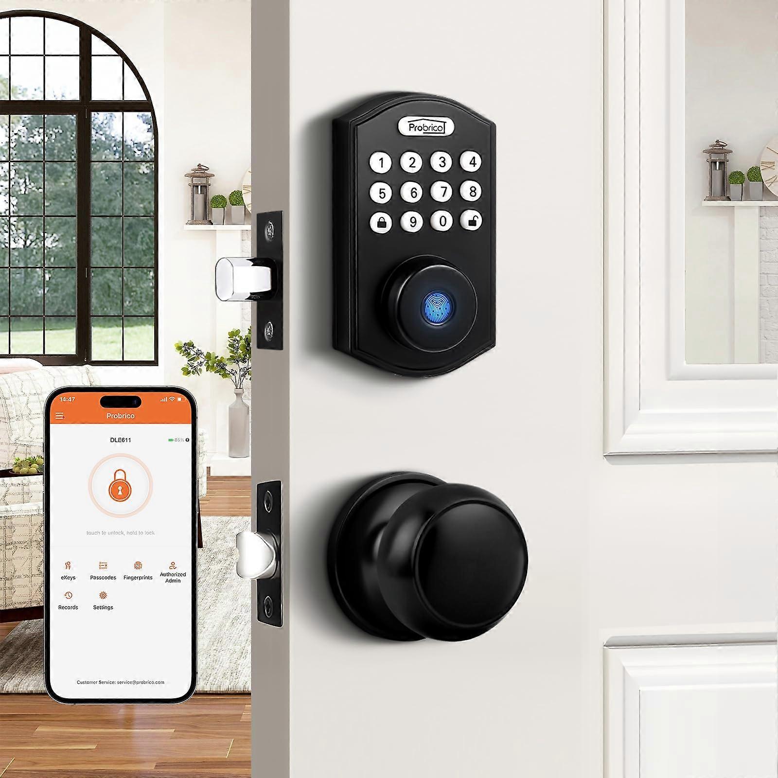 Smart Door Lock with Knob, Fingerprint Keyless Entry, Keypad and App Control, Auto Lock, Black