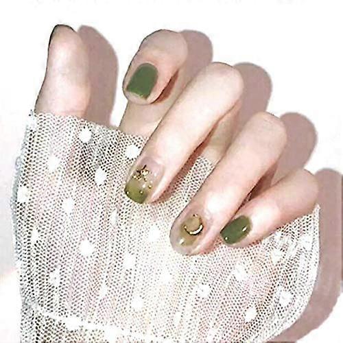 Reusable Press on Nails Set Green Gradient Square False Nail Tips with 3D Decoration 24pcs