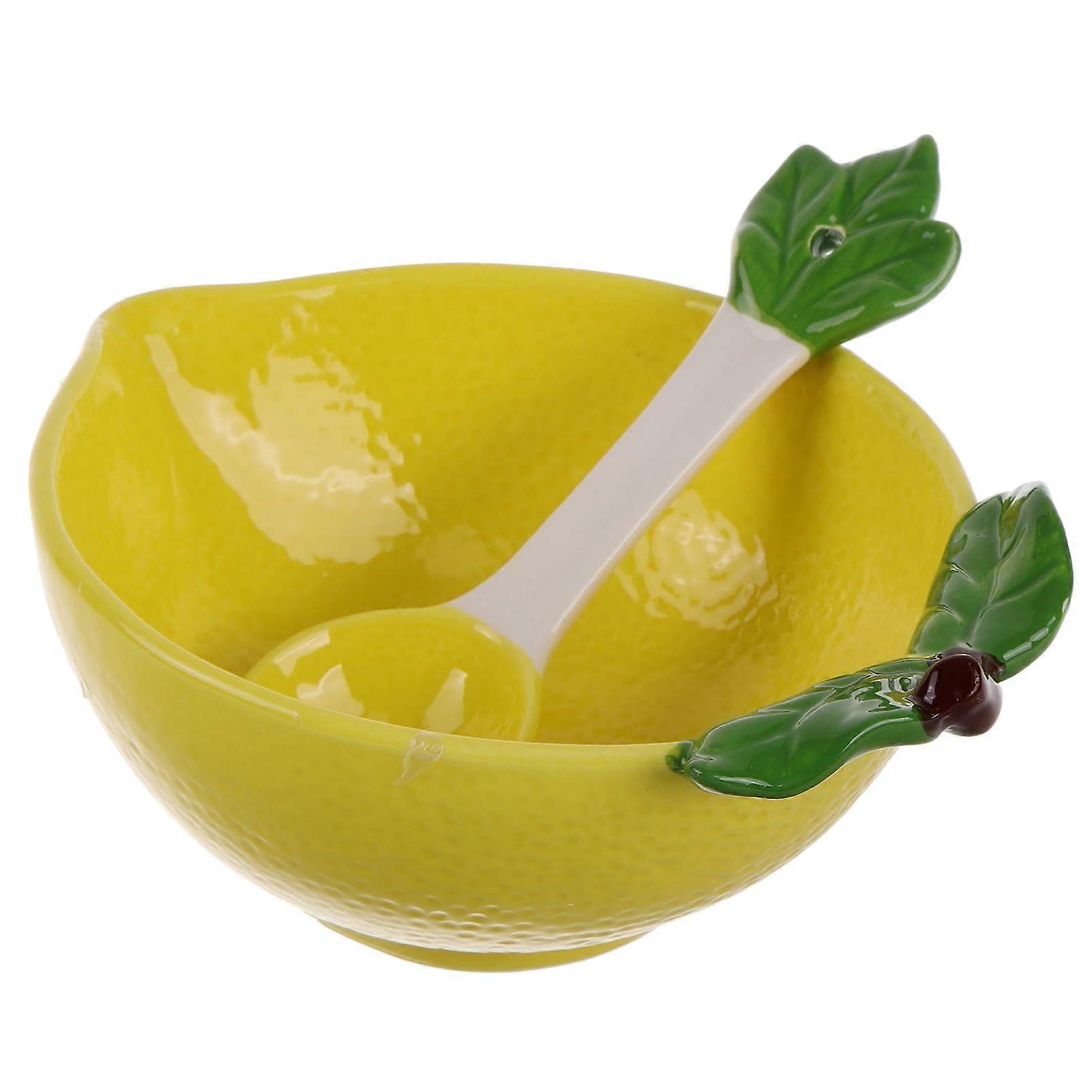 Ceramic Salad Bowl with Spoon, Decorative Lemon Design, MultiUse Fruit and Dessert Serving