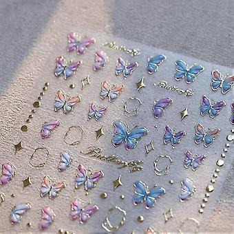 5D Embossed Self Adhesive Nail Art Stickers with Gold Butterfly Decals for Women Manicure
