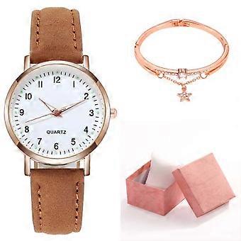Klassiek dameshorloge met quartz uurwerk, lichtgevende wijzerplaat, matlederen bandje, klein rond dameshorloge met armband (bruin)