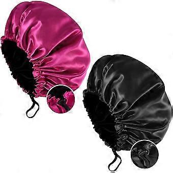 2 Pack Satin Nightcaps, Women Long Curly Hair Adjustable Silk Nightcaps (red+black)