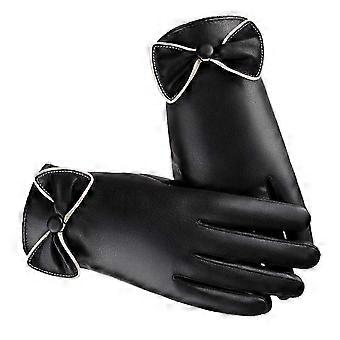 1 Pair of Women Winter PU Gloves Thicken Warm Windproof Gloves Bow-Knot Touch Screen Gloves for Outdoor Business Casual Hands Protection Free Size (Bl