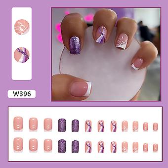 Purple Flash Powder Short Fake Nails Bright Color And Catching Look Design Nails For Women And Girl Nail Salon