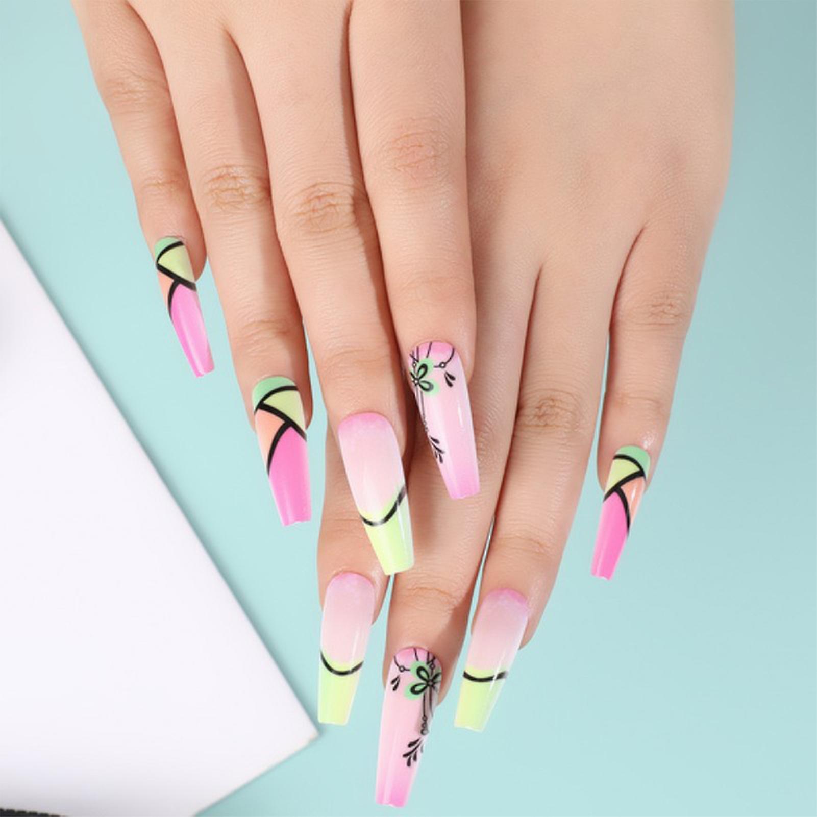 Colorful Fluorescent Square Fake Nails With Spring Elements Add Spring Atmosphere