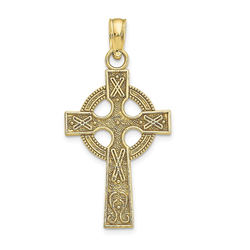10k Gold Sm Irish Claddagh Celtic Trinity Knot Religious Faith Cross With Eternity Circle and Design Texture(2of 28x14mm