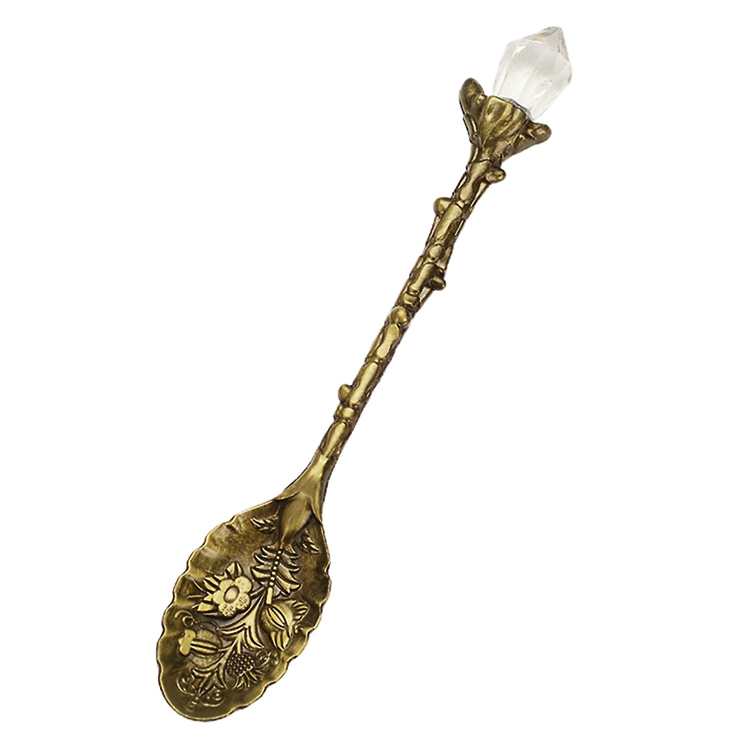 Coffee Spoon Vintage Engraved Flower Pattern Faux Crystal Top Long Handle Tableware Zinc Alloy Ice C