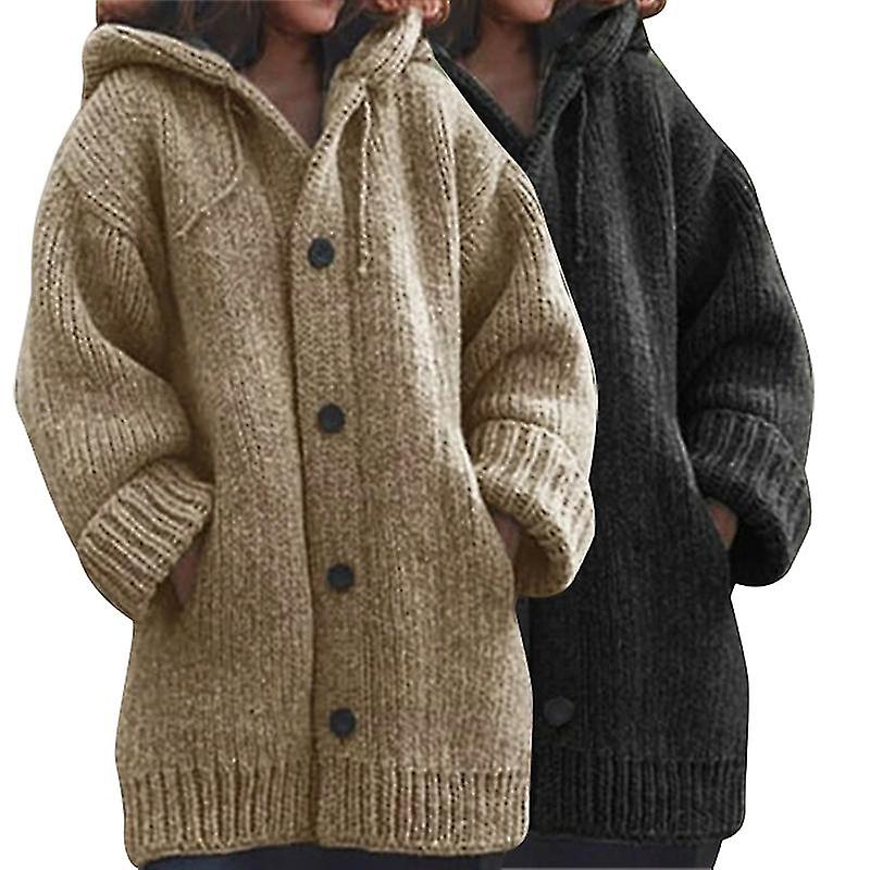 Button Down Hooded Knitted Cardigan Outerwear Solid Color Long Sleeve For Winter