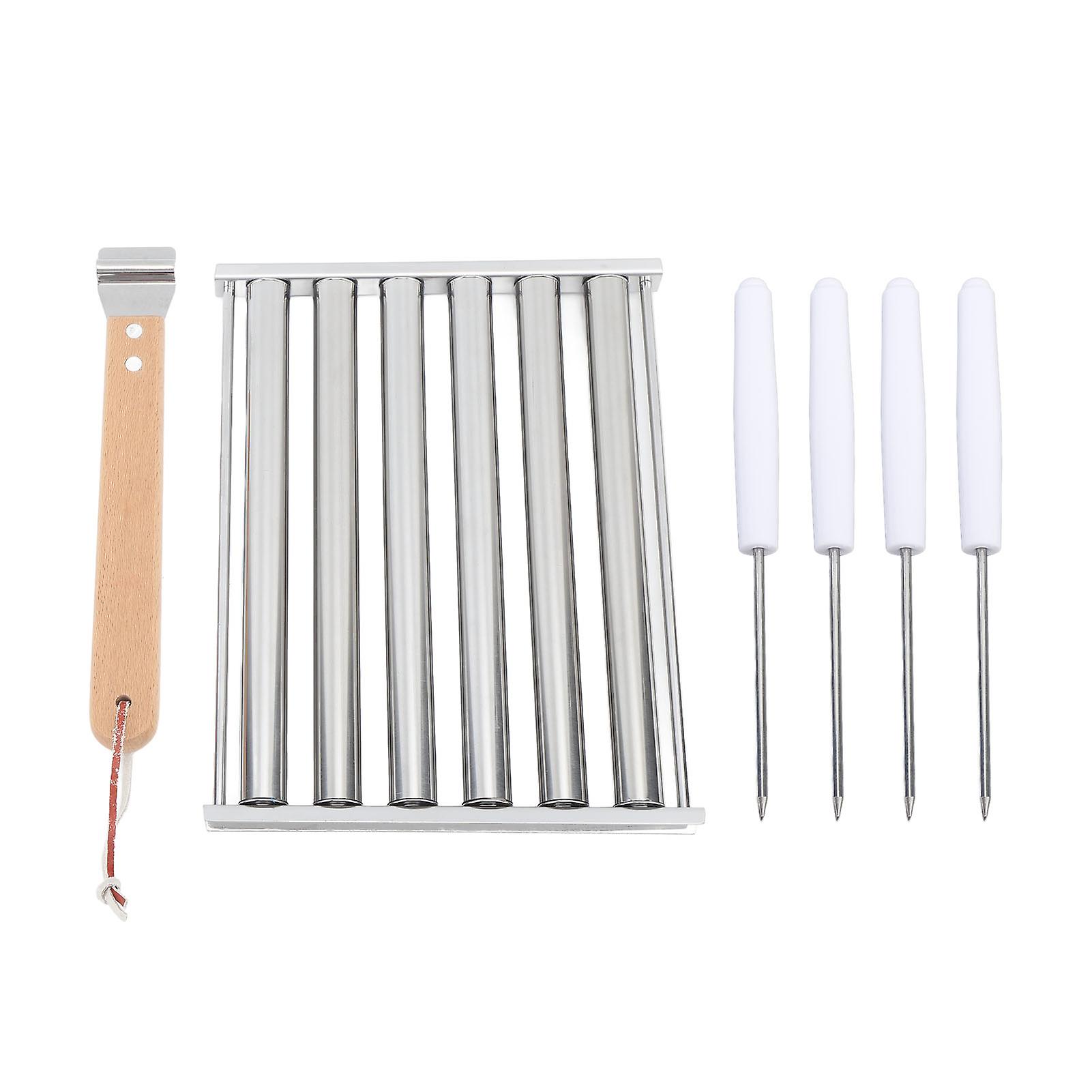 Removable Stainless Steel Hot Dog Sausage Rack, Steamer with Extra Long Wooden Handle, 4 Skewers, 6 Sticks, BBQ Tools M