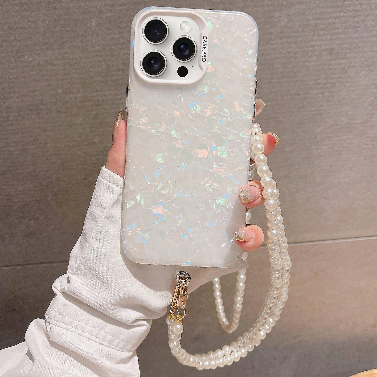 För iPhone XR Shell Texture Crossbody Pearl Chain TPU Hybrid Akryl Telefonfodral