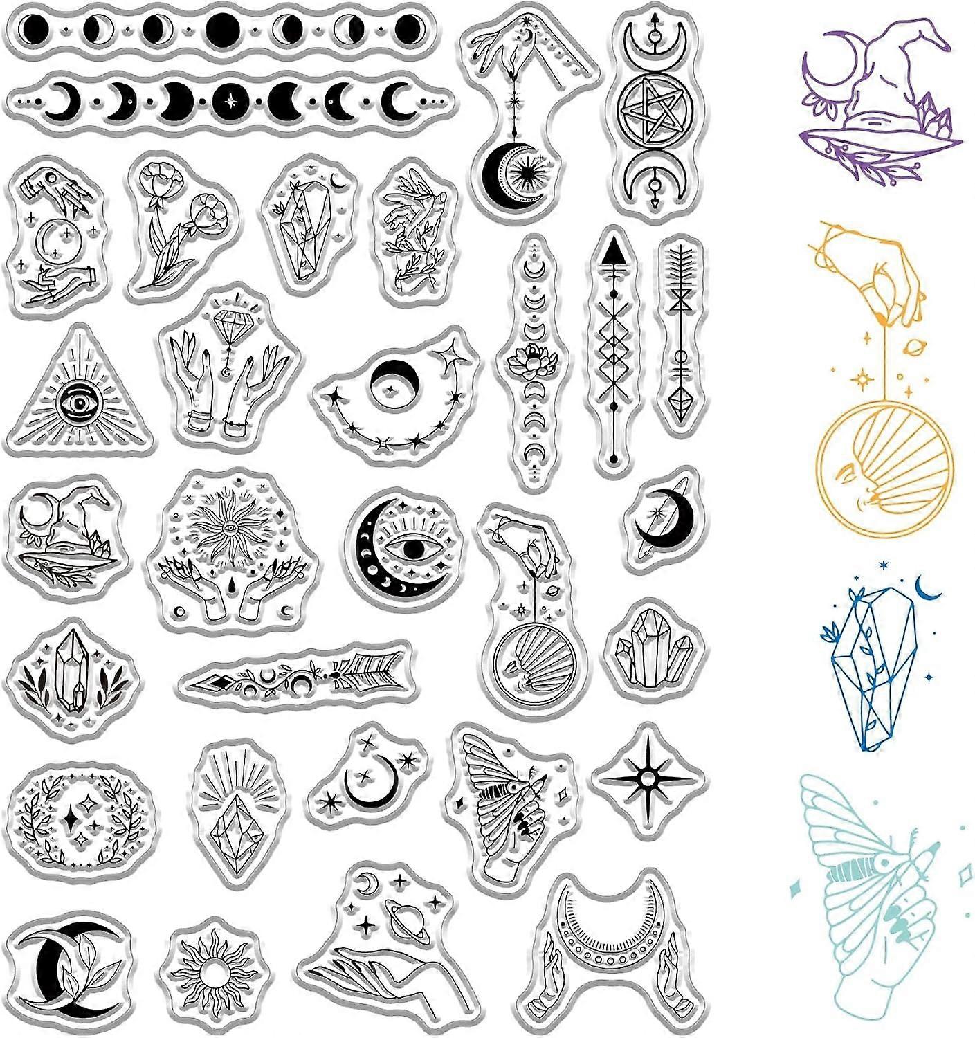 Sun Moon Phase Clear Stamps Diamond Moth Witch Hand PVC Reusable Vintage Background Postmark Transparent Rubber Stamps for Scrapbooking Journaling Car