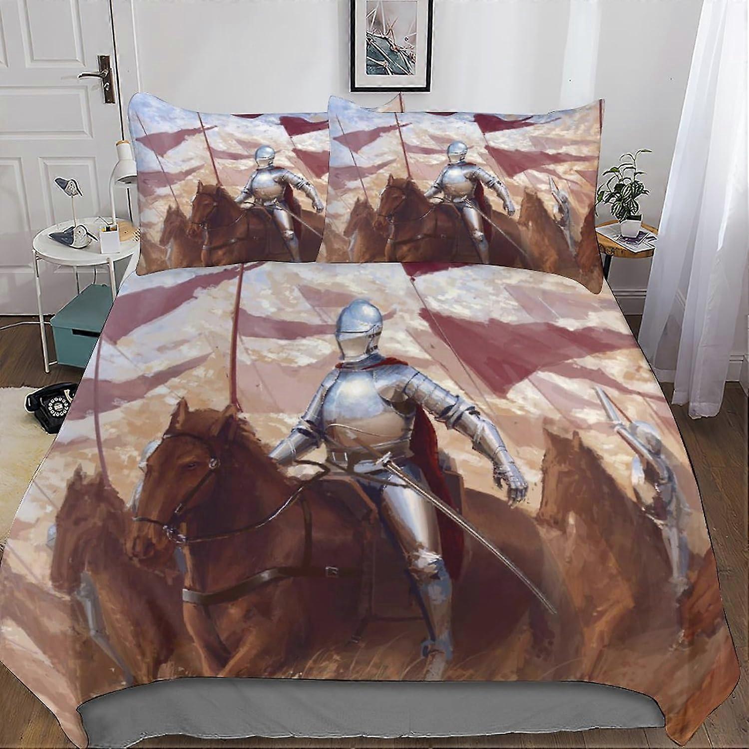Knight D Printed Sängkläder Set Sängkläder Bitar Mikrofiber Sets Medeltida Knight Style Påslakan Öronfodral, med dragkedja för 135 * 200 CM