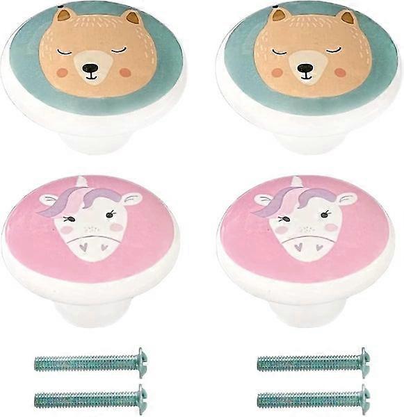 4pcs Kids Ceramic Cabinet Knobs Bear And Unicorn Drawer Pull With Screws, Cute R