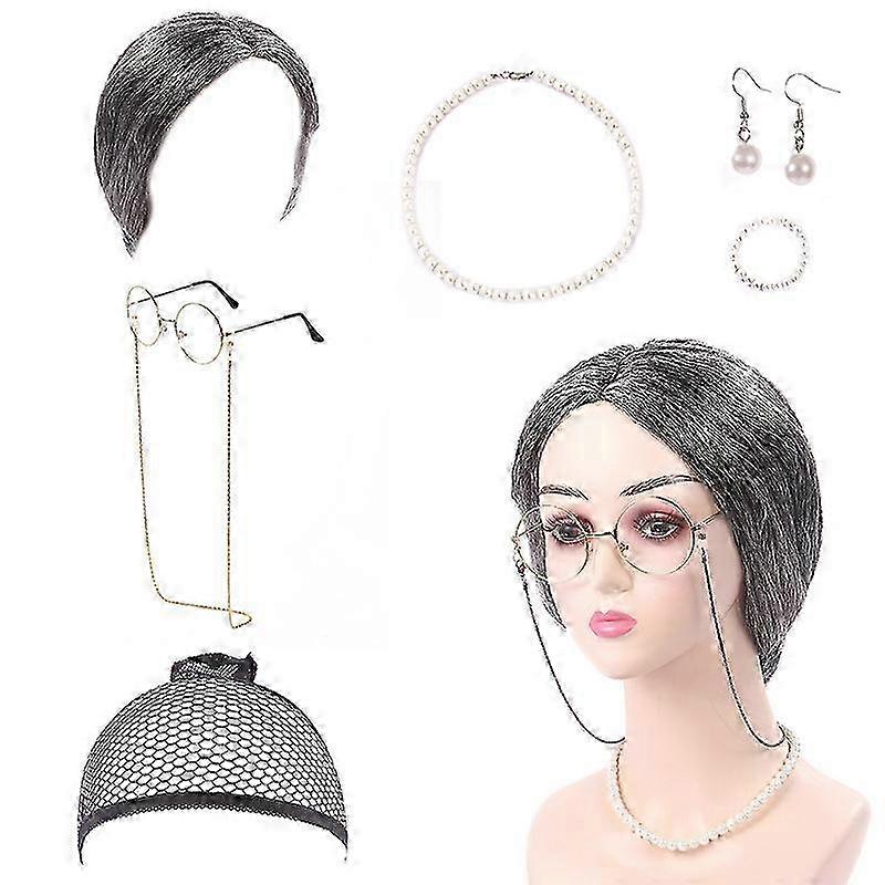 Oude Dame Kostuum Set Oma Pruik Stage Performance