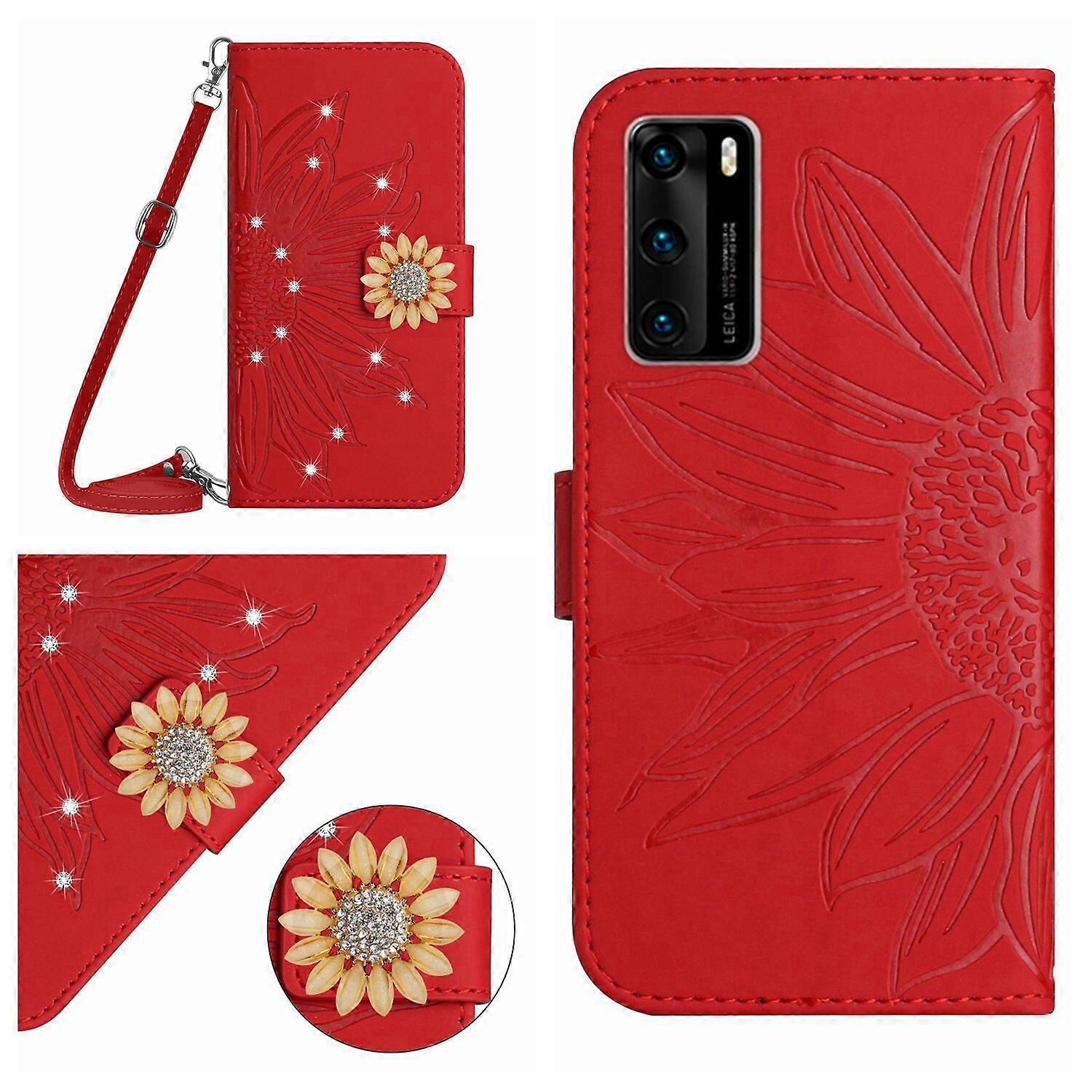 Compatível com Huawei P40 Girassol em relevo com diamantes Porta Cartão Magnético Carteira Case Telefone com Alça de Ombro
