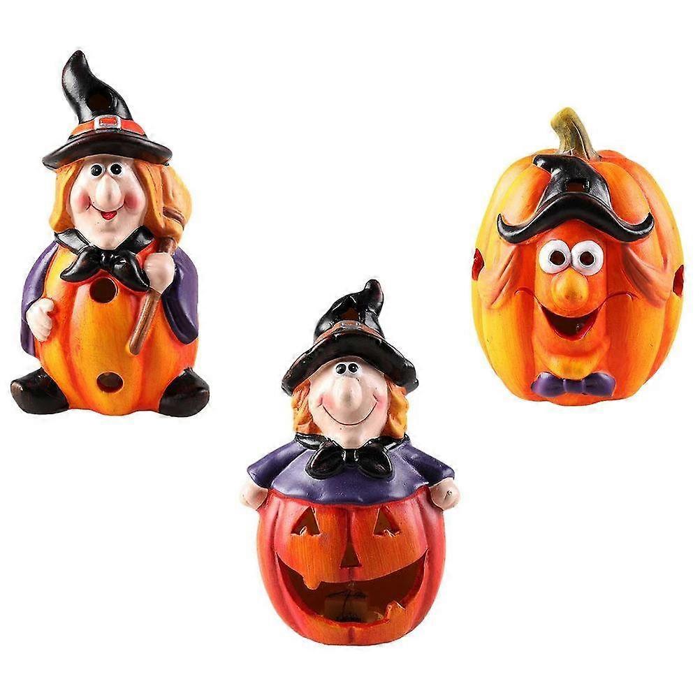 3Pc LED Desktop Light Ceramic Pumpkin Ornament Witch Design Decor