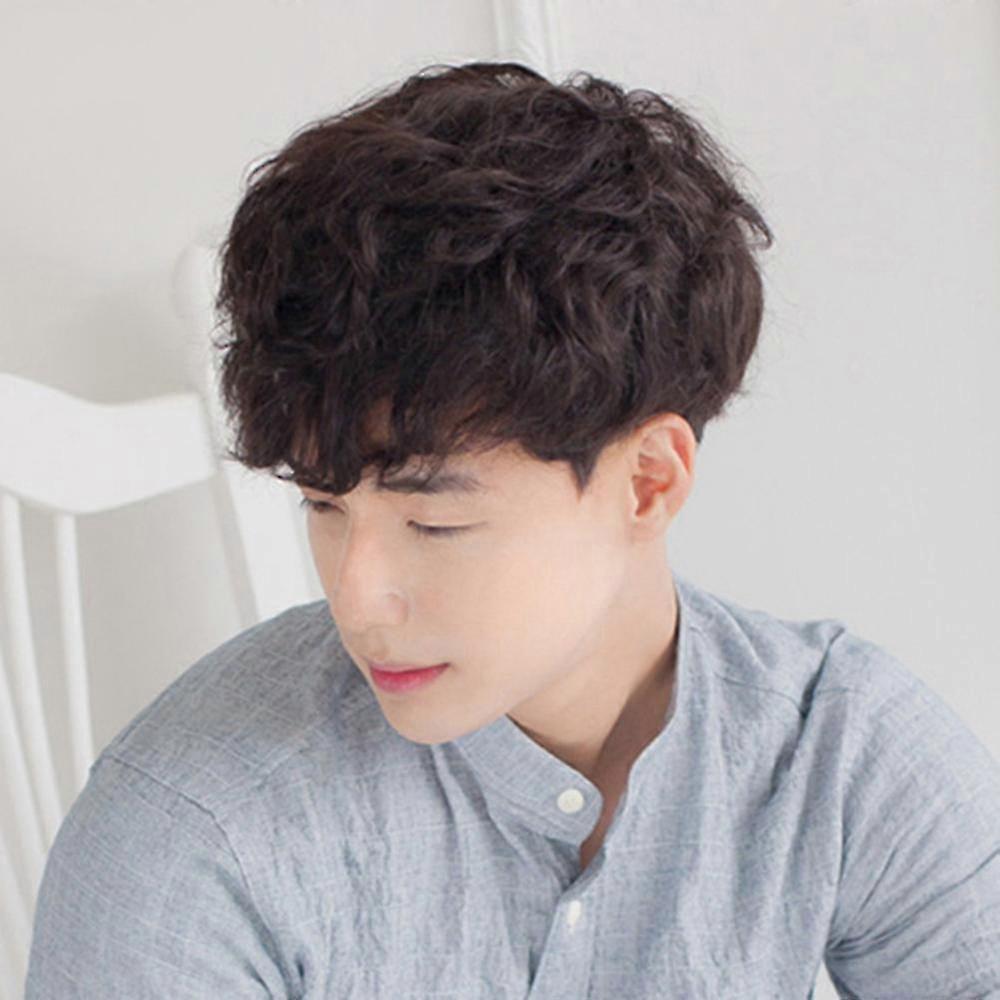 Handsome Men Short Curly Wig Neat Bangs Styling Wig Head Cover Simulation