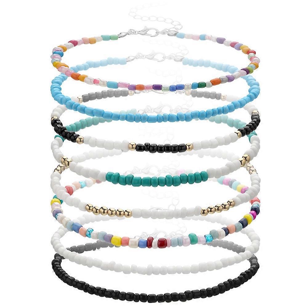 8pcs Handmade Beaded Anklets, Colorful Bohemian Glass Beads Anklets Adjustable Chain Elastic Thread Gifts