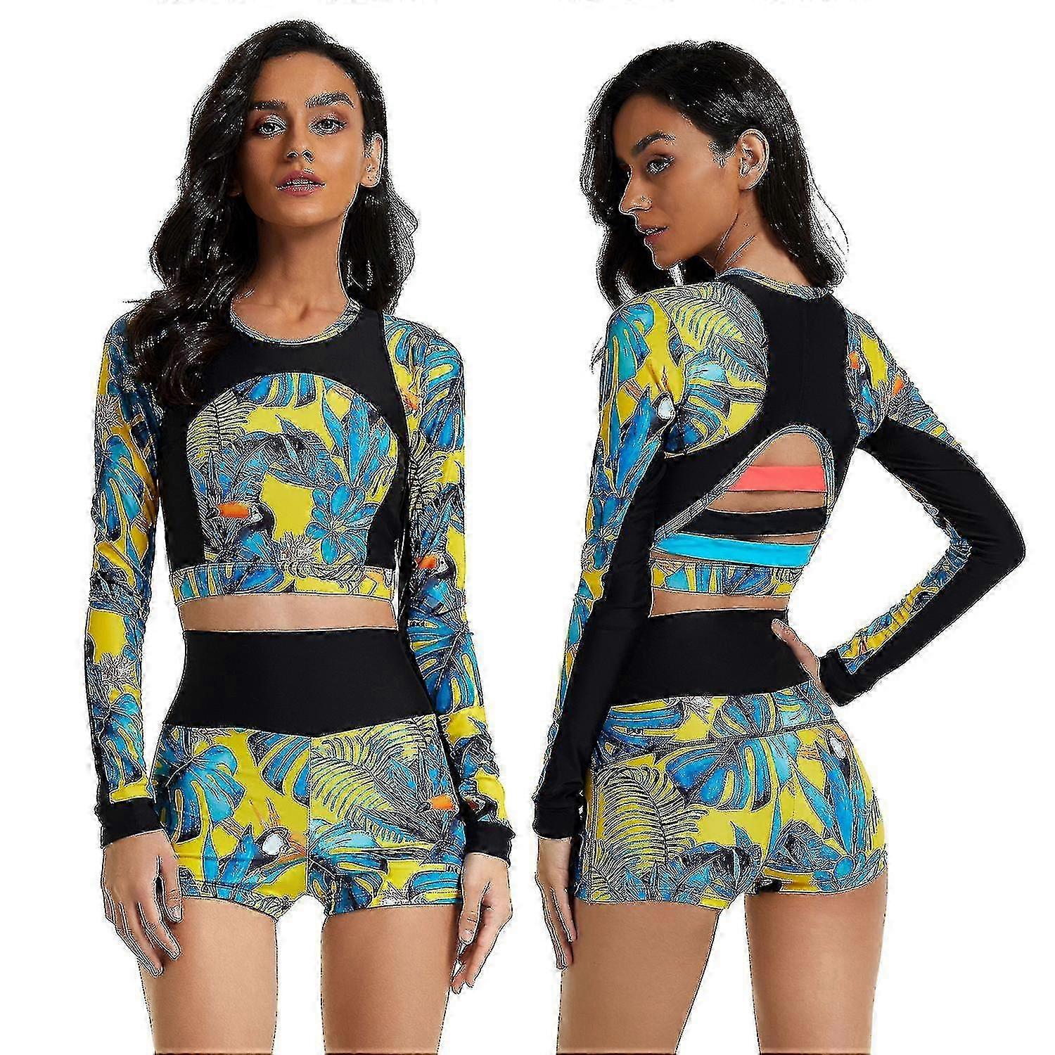 Kvinnor Långärmad Utslag Guard Badkläder Surfing Skjorta Två delar Baddräkt Geometriska shorts Set Baddräkt UV-skydd Baddräkt