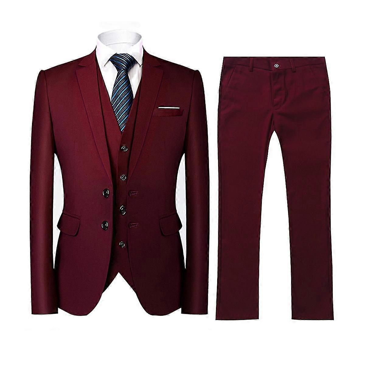 メンズビジネスウェディングノッチ付きラペルソリッドカラースリムフィット2ボタンスリーピーススーツ(ブレザーとパンツとベスト)