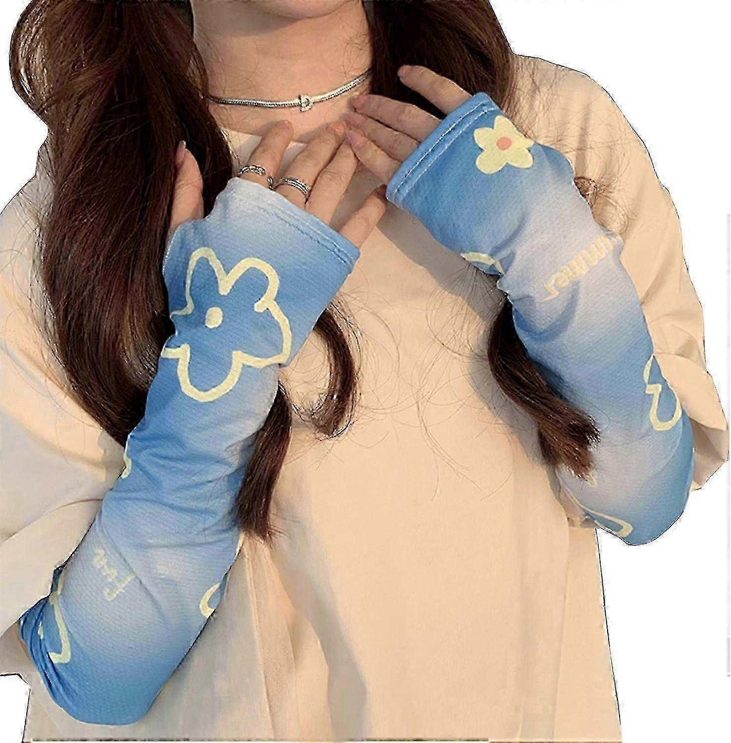 Lady Arm Sleeves - Cute Fingerless Gloves For Summer Driving And Parties-sky Blue