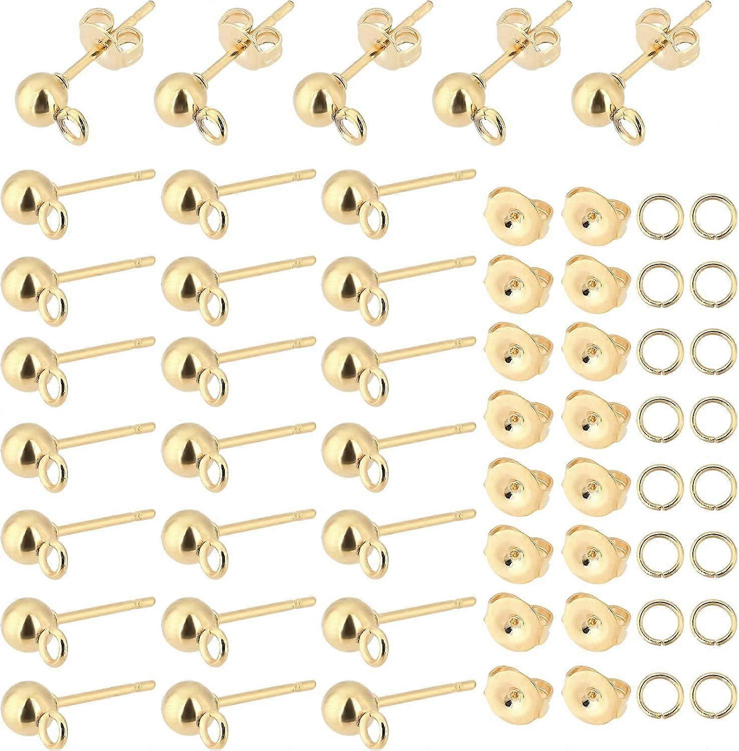 300pcs 18K Gold Ball Post Earring Stud 100pcs Earring Post with Loop Stainless Steel Earring Components 100pcs Open Jump Rings 100pcs Ear Nuts for DIY