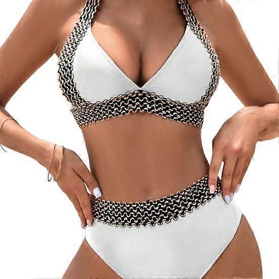2Pcs/Set Women Sexy Bikini Set Halter V-neck Sleeveless Bra High Waist Briefs Set Patchwork Color Backless Swimsuit Bathing Suit