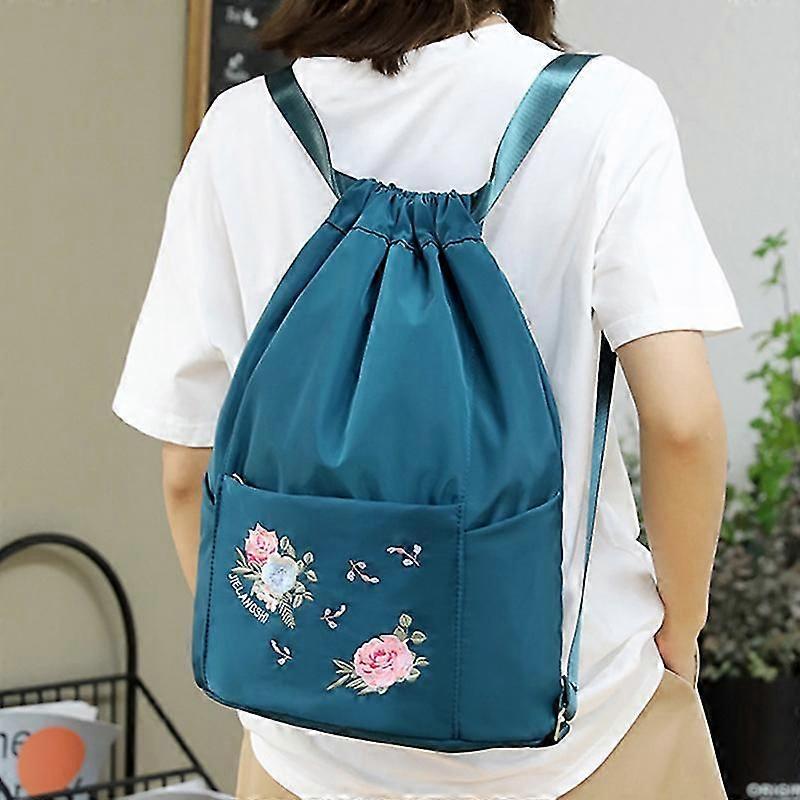 Drawstring Bag Embroidery Backpack Lightweight Oxford Cloth Shoulders Bag Splash Proof Sackpack Travel Bag for Women