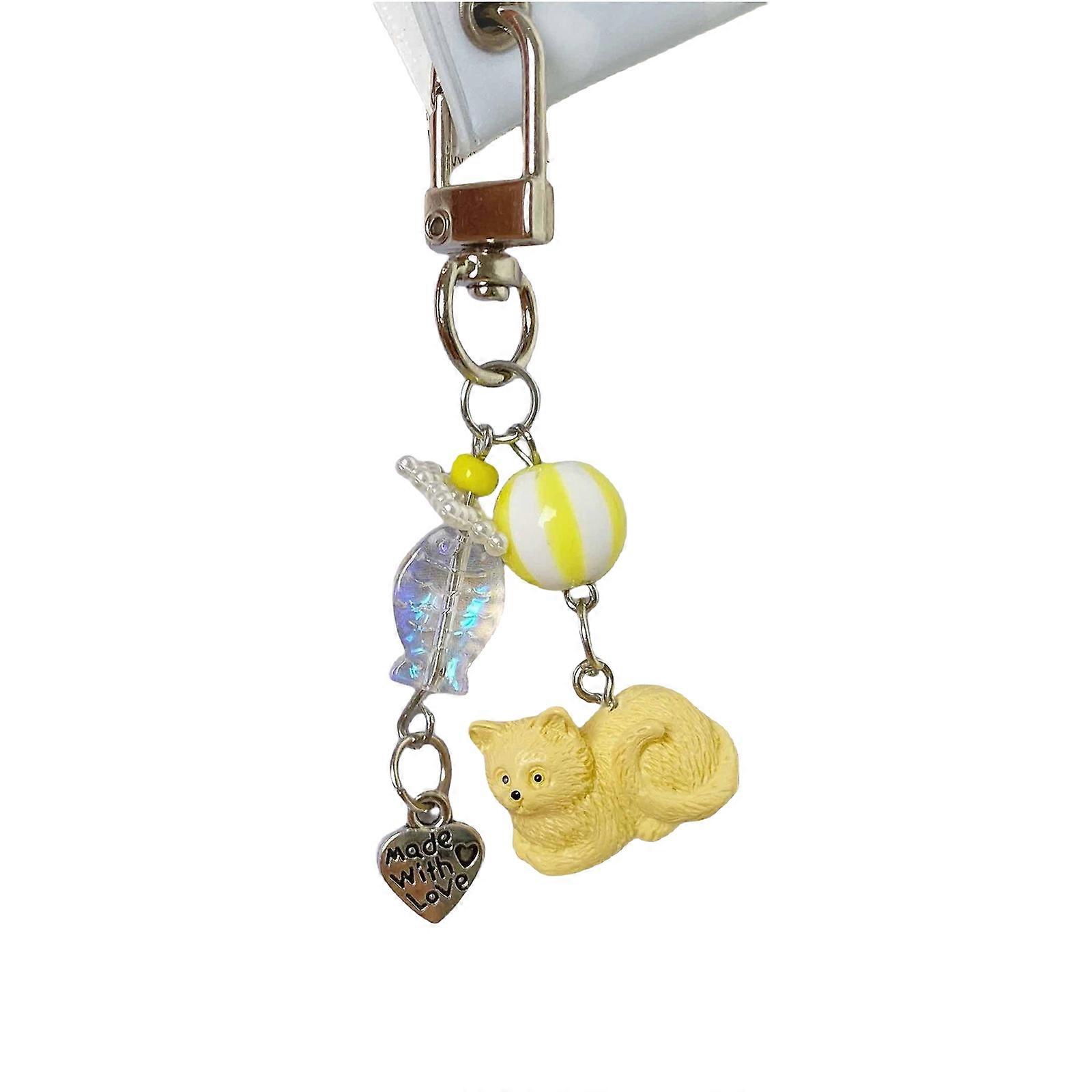Lovely Resin Kitten Hugging Plush Pendant Sturdy Resin Toy Keyring Accessory for Kids and Adults Keys and Phone Yellow