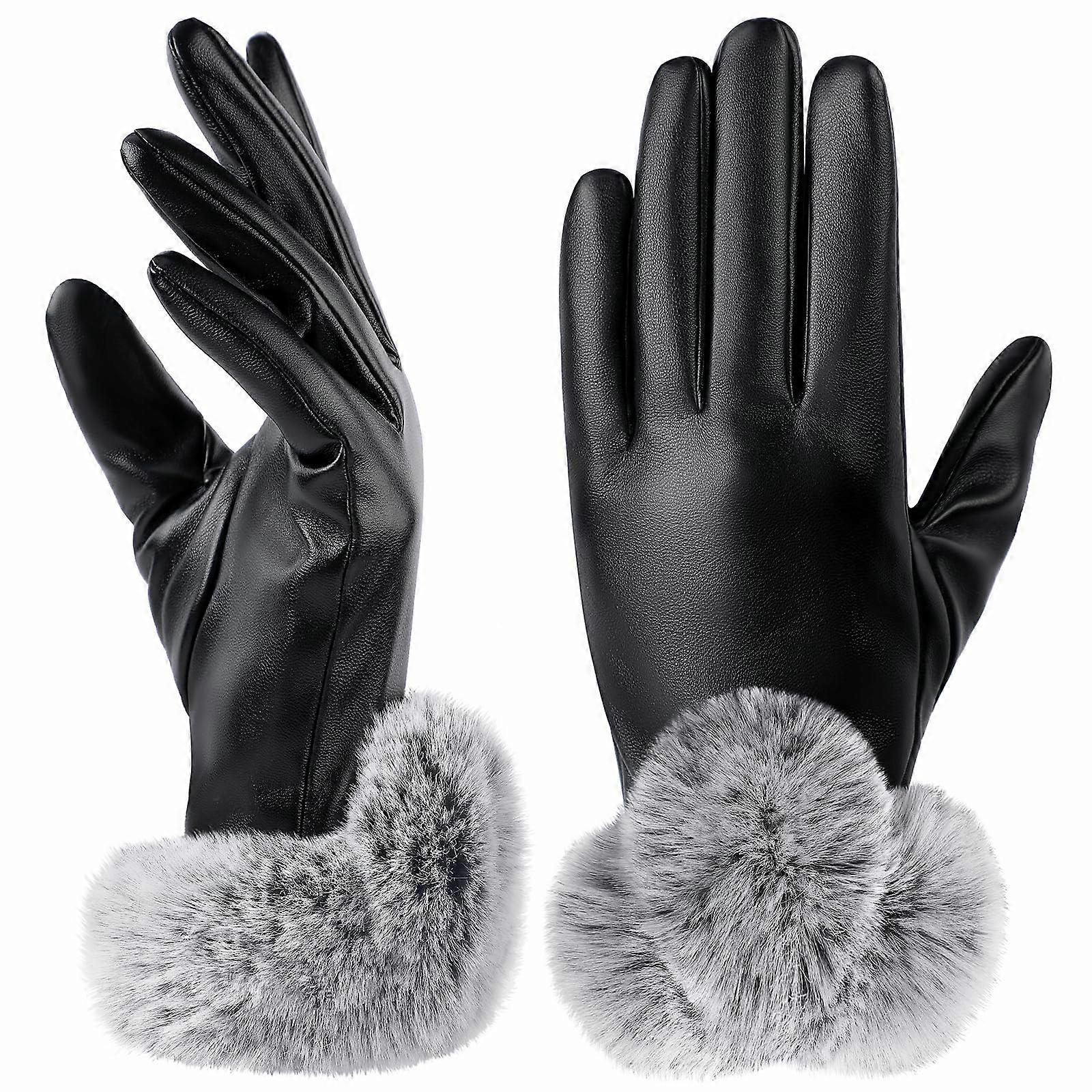 Leather Black Windproof Touch Screen PU Soft Plush Gloves for Winter, Plush Lined, Touch Screen Compatible, Available in Sizes